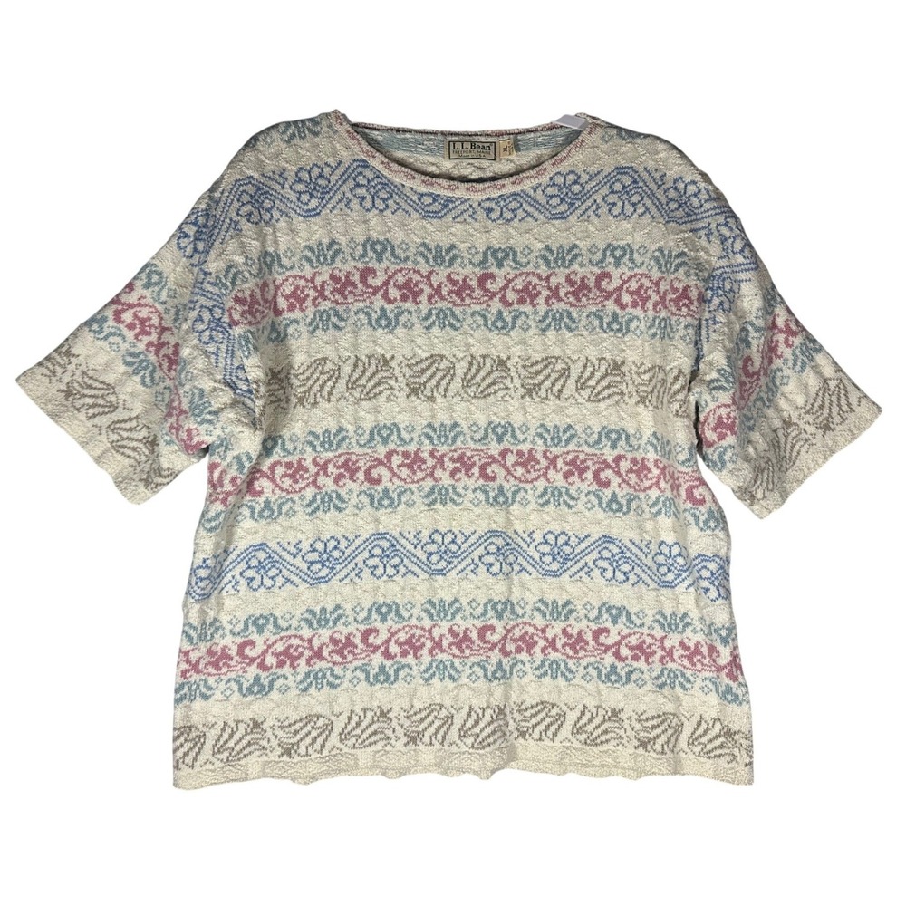 LL Bean Vintage Short Sleeve Sweater Sz XL Floral Fair Isle Cotton USA 80s 90s
